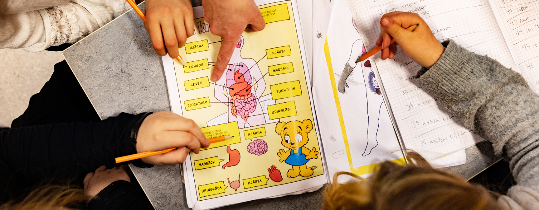 Bild från klassrum med lärare och elever i grundskolan tittar i ett arbetsmaterial